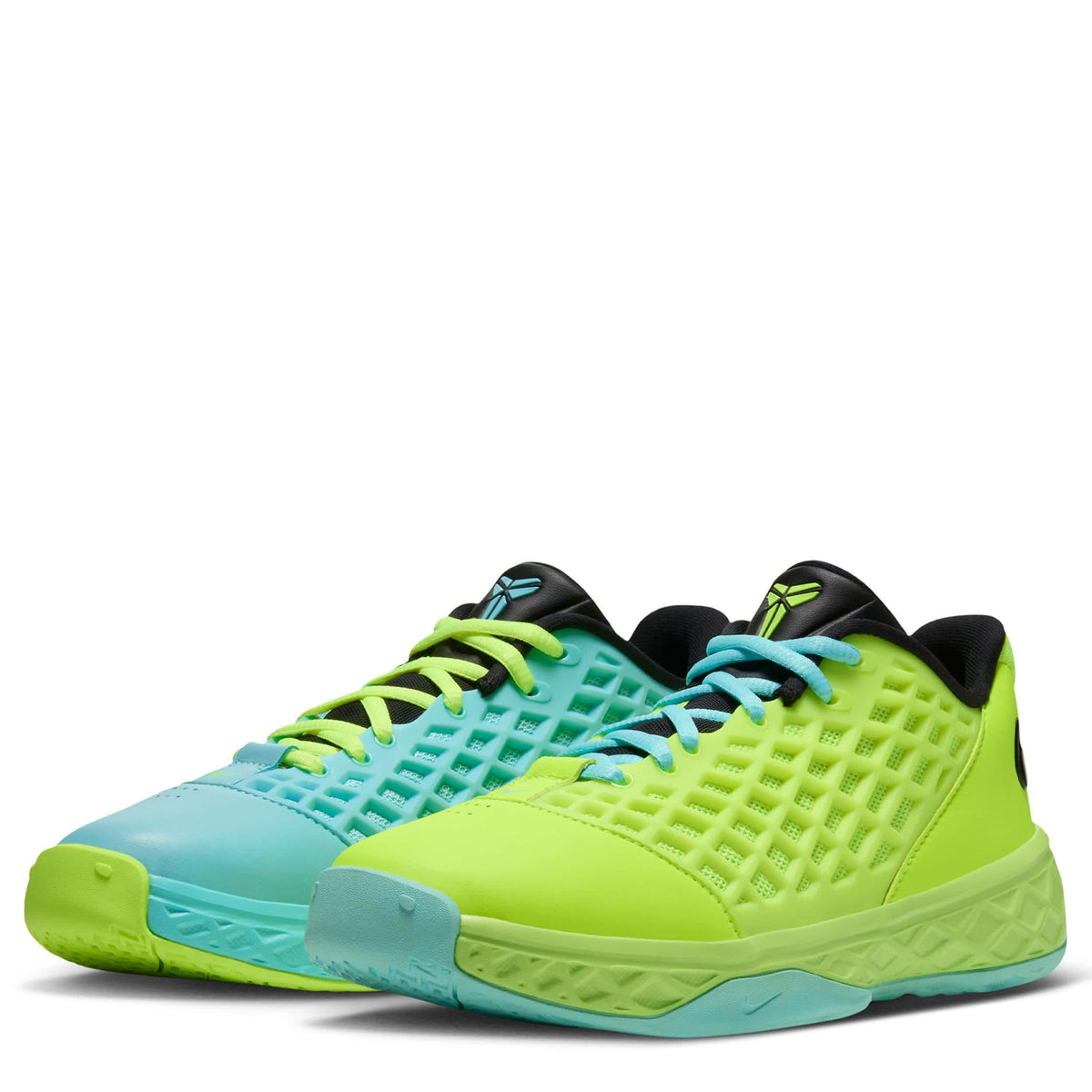 A pair of athletic sneakers in neon yellow-green and turquoise blue, featuring a textured grid upper, black collar lining, and matching laces, shown against a plain white background.