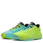 A pair of athletic sneakers in neon yellow-green and turquoise blue, featuring a textured grid upper, black collar lining, and matching laces, shown against a plain white background.
