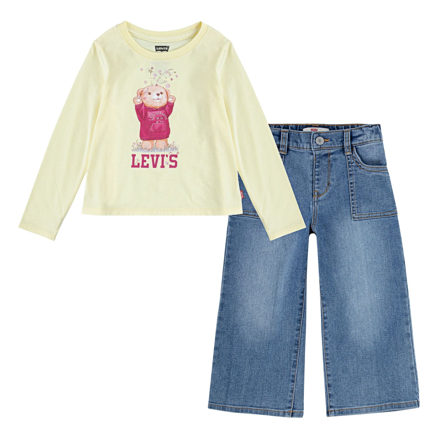 Bear Tee & Wide Denim Pants Set (Little Kid)
